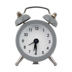 A gray clock with an alarm clock on a white background with arrows showing the time six hours thirty minutes or eighteen hours thirty minutes