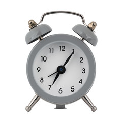 A gray clock with an alarm clock on a white background with arrows showing the time seven hours five minutes or nineteen hours five minutes