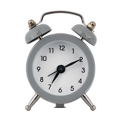A gray clock with an alarm clock on a white background with arrows showing the time seven hours ten minutes or nineteen hours ten minutes