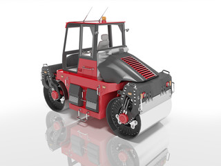 Construction machinery red road roller for asphalt paving 3d render on white background with shadow