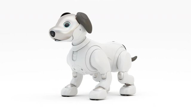 Happy robotic dog. Robot walking. 3d render. 4K.