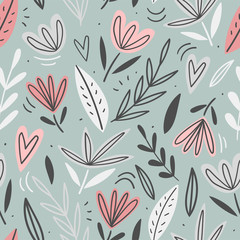 Hand drawn floral seamless pattern for print, textile, fabric. Modern flowers illustration background.