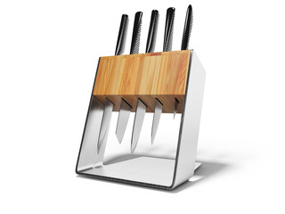 set of five kitchen knives wooden stand 3d render on white background with shadow