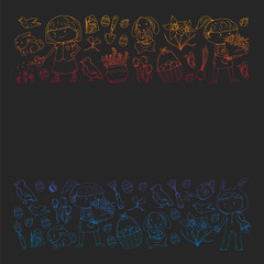 Vector pattern with easter and spring elements. Eggs in basket, bunny, flowers, birds