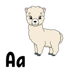 Funny alphabet. ABC flash cards. Cartoon cute character isolated on white background. For kids education. Developing worksheet. Learning letters. Vector illustration.