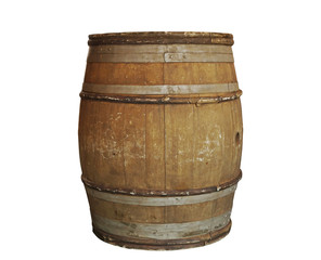 Obraz premium Wooden barrel with metal hoops isolated on white background with clipping path