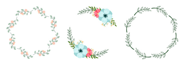 Set of romantic botanical wreaths isolated on white. Floral vector frames.
