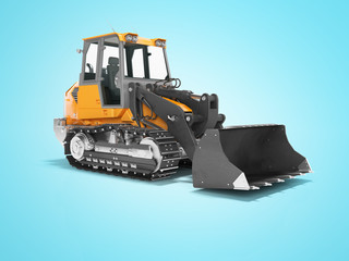 Construction machinery orange crawler excavator for lifting cargo in front 3D render on blue background with shadow