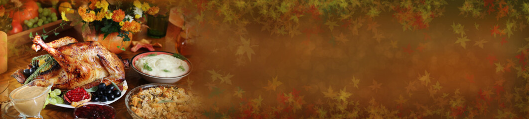 Thanksgiving banner. Holiday table with turkey on harvest day. Autumn shades and leaves. copy space