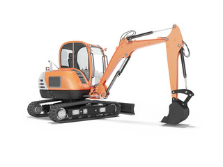 Orange mini excavator with hydraulic mechlopata with leveling bucket in motion rear view 3d render on white background with shadow