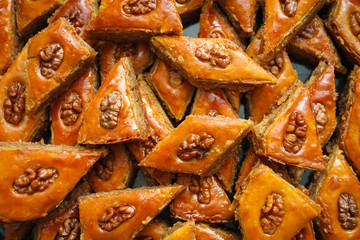 Honey baklava with walnuts. Dessert. Tasty dish. Close-up. Texture