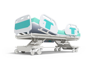 Blue hospital bed with lifting mechanism on stand alone remote control 3D render on white background with shadow
