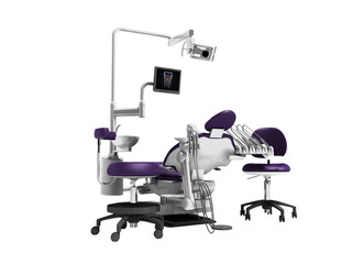 Fototapeta na wymiar Dental unit purple chair of dentist and assistant assistants high chair 3d render on white background no shadow
