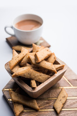 Namakpare or Salty Shakarpara/shakarpare or namkeen Shankarpali, popular diwali food or tea-time snack from Gujarat, India