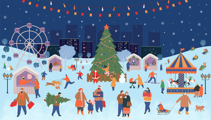 Holiday fair, christmas in the park. Big set of people in winter. People walking, buying gifts, drinking coffee, skating, skiing, making a snowman, walking dogs.  Flat cartoon vector illustration.