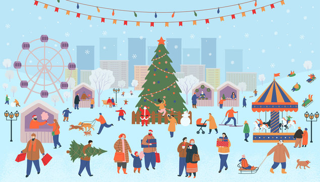 Holiday fair, christmas in the park. Big set of people in winter. People walking, buying gifts, drinking coffee, skating, skiing, making a snowman, walking dogs.  Flat cartoon vector illustration.