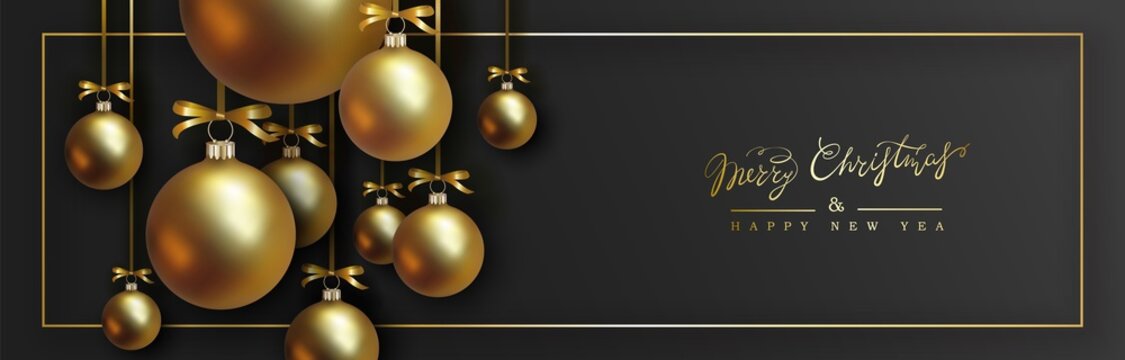 Christmas and New Year design with bunch of hanging realistic golden balls on black background. Horizontal vector background