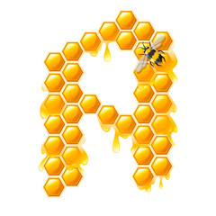 Honeycomb letter A with honey drops and bee flat vector illustration isolated on white background