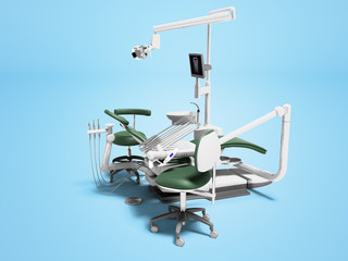 Dental unit green leather chair of dentist doctor and assistants chair 3d render on blue background with shadow