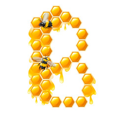 Honeycomb letter B with honey drops and bee flat vector illustration isolated on white background