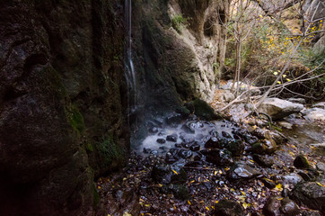 Hiking trail Los Cahorros de Monachil (Granada) in Autumn. Impressive gorge carved by the Monachil...