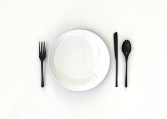 3D illustration of white plate , black spoon, knife and fork on white background.