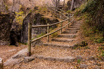 Hiking trail Los Cahorros de Monachil (Granada) in Autumn. Impressive gorge carved by the Monachil River. It is a place of singular beauty with waterfalls, caves and suspension bridges.