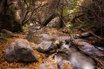 Hiking trail Los Cahorros de Monachil (Granada) in Autumn. Impressive gorge carved by the Monachil River. It is a place of singular beauty with waterfalls, caves and suspension bridges.