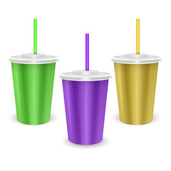 Set of colorful paper disposable cup with lid and drinking straw for cold beverage -soda, ice tea or cocktail, Realistic packaging mockup template, Vector EPS 10 format
