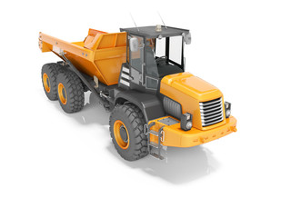 Obraz na płótnie Canvas Construction machinery orange quarry truck for transportation of large stones 3D render on white background with shadow