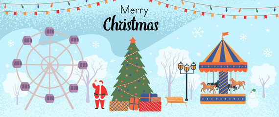 Merry Christmas greeting card. Winter in the park with a Christmas tree with gifts, a carousel horses, ferris wheel, snowman and santa claus. Vector flat cartoon illustration.
