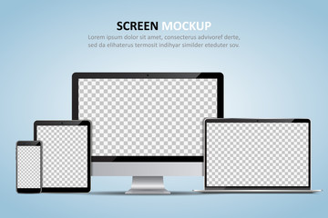 Screen mockup. Computer monitor, laptop, tablet and smartphone with blank screen for design