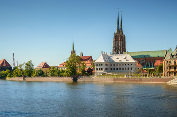 Naklejka premium A view of the historic part of Ostrow Tumski from the boulevard on the Odra.