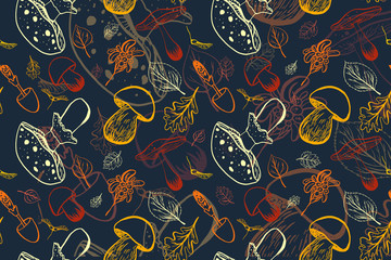 Hand drawn autumn pattern with cartoon leaves, mushrooms and berries