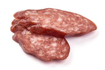 Sliced Dry spanish sausage, isolated on white background