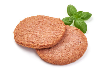 Burger meat, ingredients for hamburger, isolated on white background