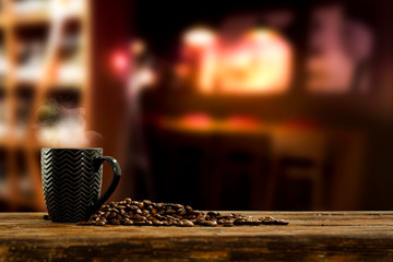 fresh hot coffee in mug and free space for your decoration. 