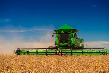 Harvester harvesting soybeans with blue sky in Brazil