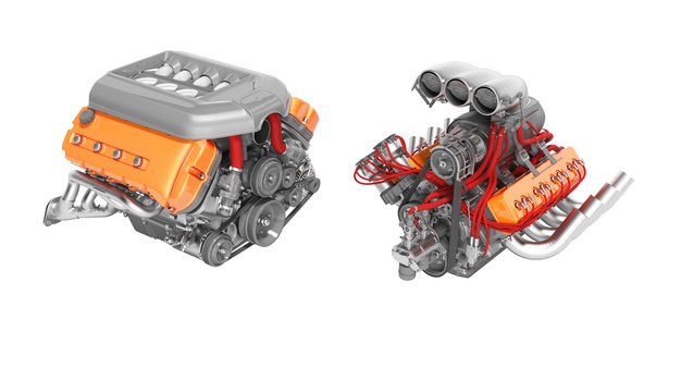 Modern turbo engine and supercharger engine 3d render on white background no shadow