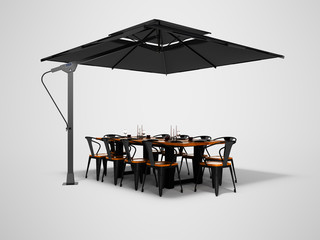 Concept umbrella for restaurant on side support with table and chairs 3d render on gray background with shadow