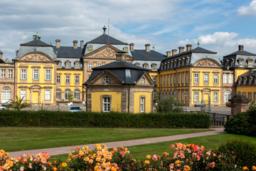 Architecture of the yellow classic style Arolsen castle in Bad Arolsen in the Sauerland region
