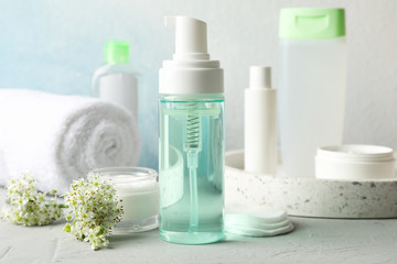 Body care concept on grey background, close up