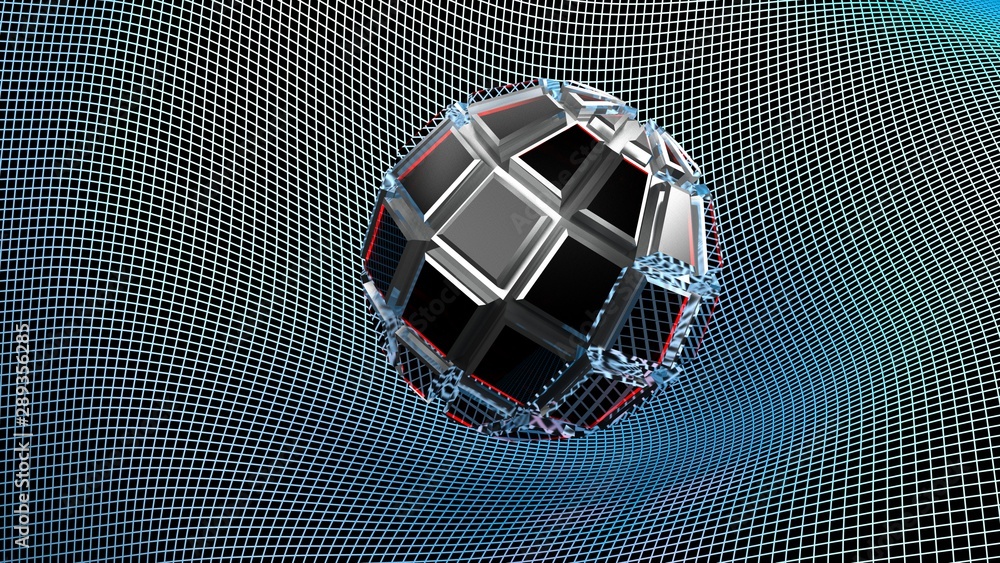 Poster abstract embossed metallic chrome and red glass object on a deformed grid surface - 3d rendering ill