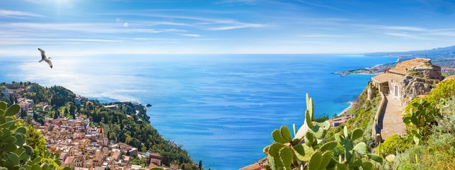 Panoramic collage with aerial view of Taormina and Church of Madonna della Rocca built on rock, Sicily, Italy. - obrazy, fototapety, plakaty