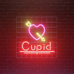 Heart with arrow Cupid red pink neon signboard on brick wall background