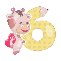 Cute six number with baby giraffe cartoon illustration. School math funny font symbol and kawaii animal character. Kids scrapbook sticker. Children 6 years old birthday and anniversary number clipart