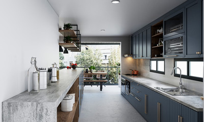 3d render of kitchen and dining space