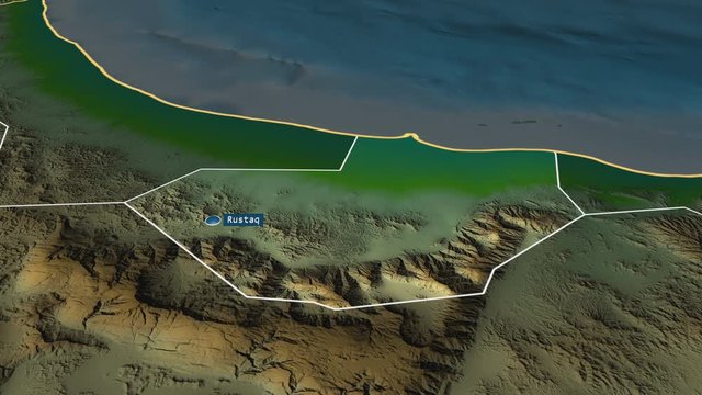 Al Batinah South - region of Oman with its capital zoomed on the physical map of the globe. Animation 3D