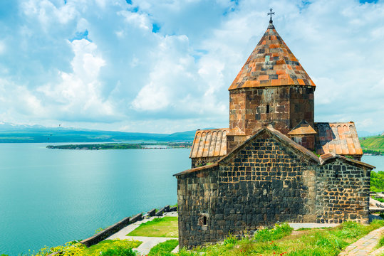 Beautiful view of Lake Sevan and the monastery of Sevanavank, a sight of Armenia in the summer