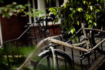 closeup of old yellow bicycle with basket